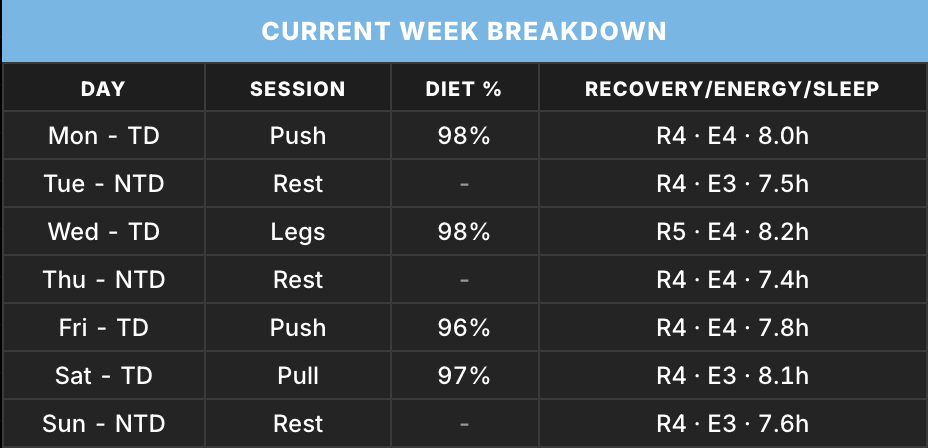 Coach Review day-by-day breakdown for Alex Example