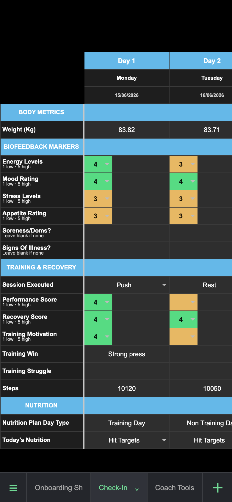 Mobile Check-In sheet for Alex Example showing a client week of body metrics, biofeedback, training, nutrition and recovery