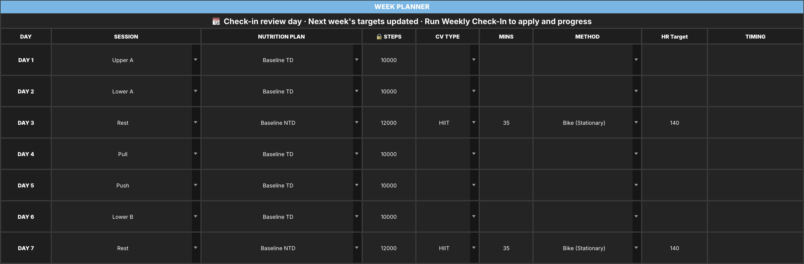 Week Planner for Alex Example showing seven days of targets
